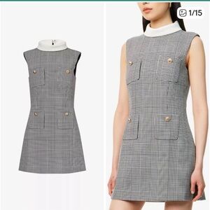 Self-Portrait Black-and-White Glen Plaid Mini Dress with Contrast Collar